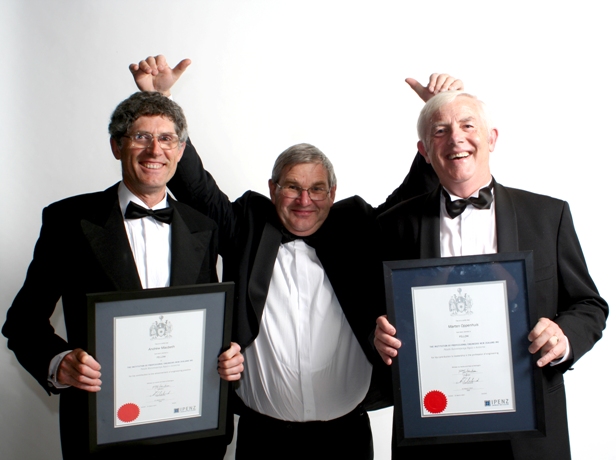 Andrew (left) and former MWH colleague Marten Oppenhuis being congratulated on their new awards by MWH director and long-time Fellow Jim Bradley at the IPENZ awards ceremony in Auckland, March 2007.